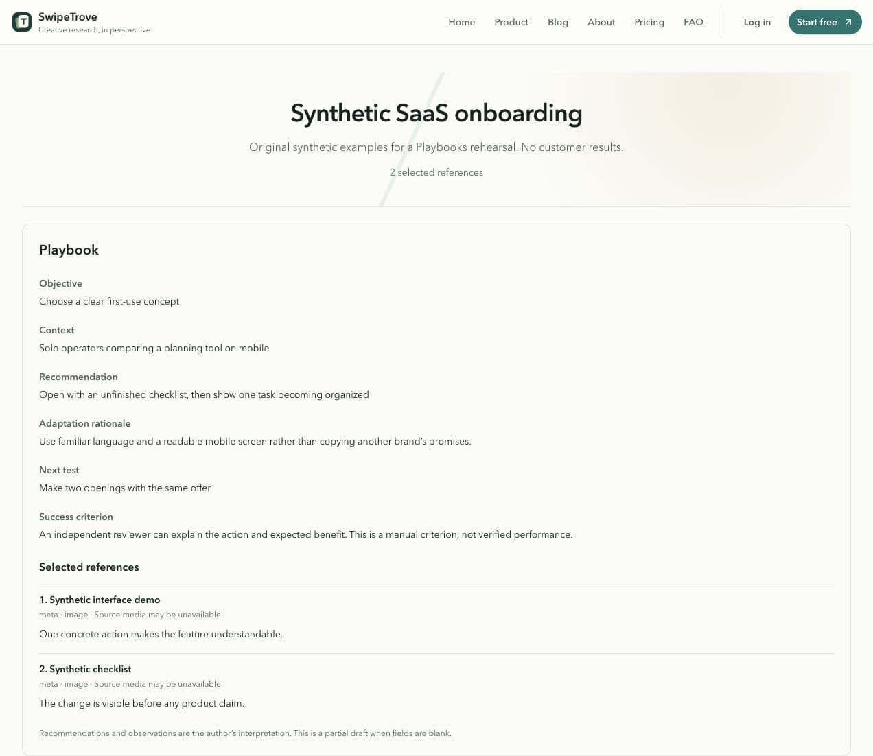 SwipeTrove recipient Playbook showing the recommendation, adaptation, next test, and two selected synthetic references